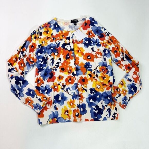 Lands' End Sweater Womens Large Multicolor Supima Cotton Floral Cardigan NWT - Picture 1 of 10